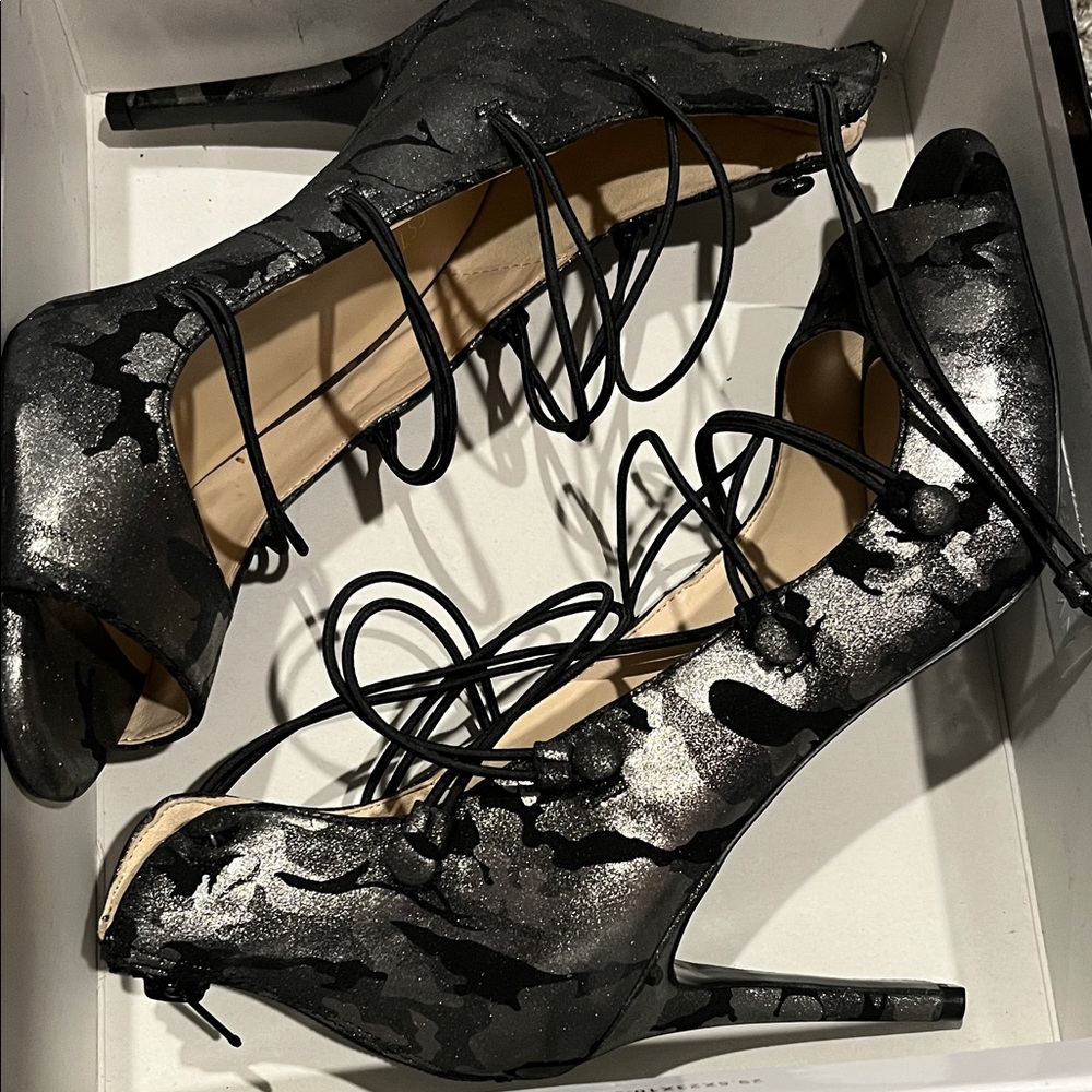 Nine West Black and Silver Lace-Up Heels
